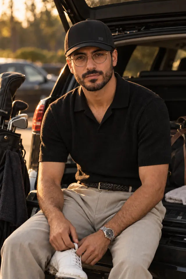 Man with glasses in a black knitted polo on the tailgate after the round, black cap with a small silicone patch bearing the symbol