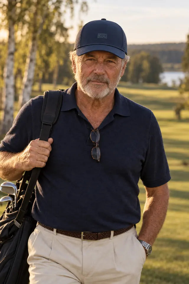 Äldre man i navy stickad golfpiké på fairway i kvällssol, navy keps med liten silikonlapp med symbolen