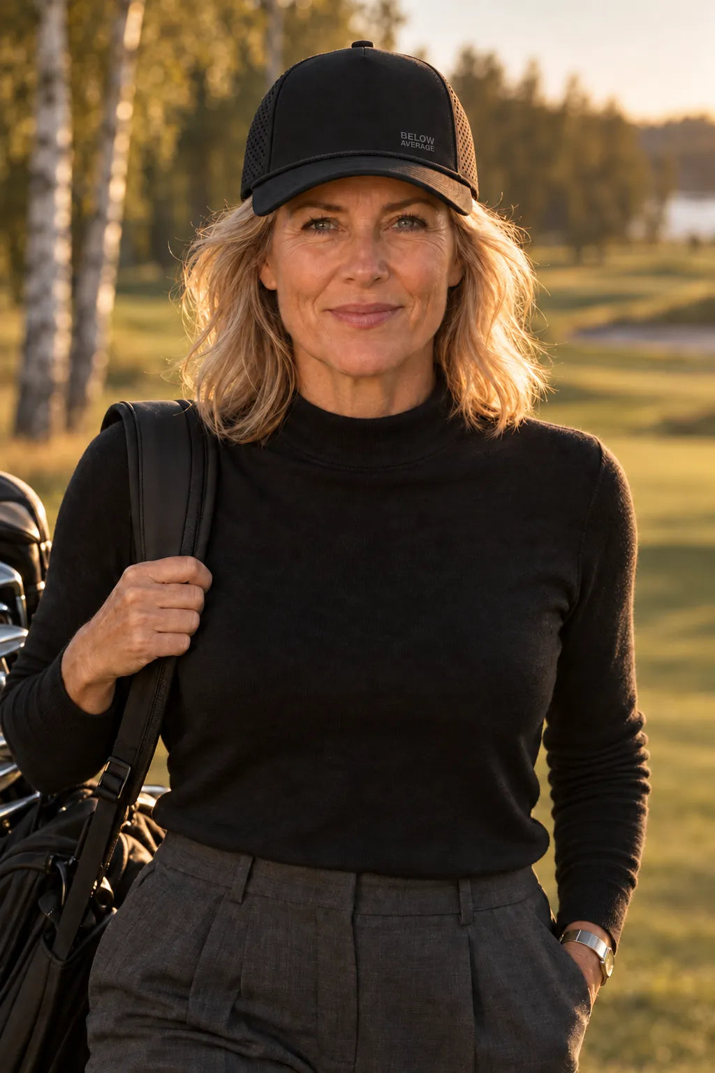 Woman in a black roll-neck with her golf bag on the fairway in evening sun, black cap with small embroidered text