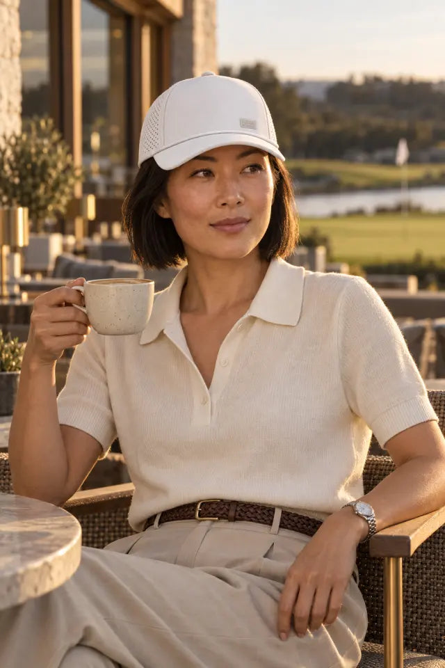 Woman in an off-white knitted polo with a cup of coffee on the clubhouse terrace in evening sun, white cap with a small silicone patch with text