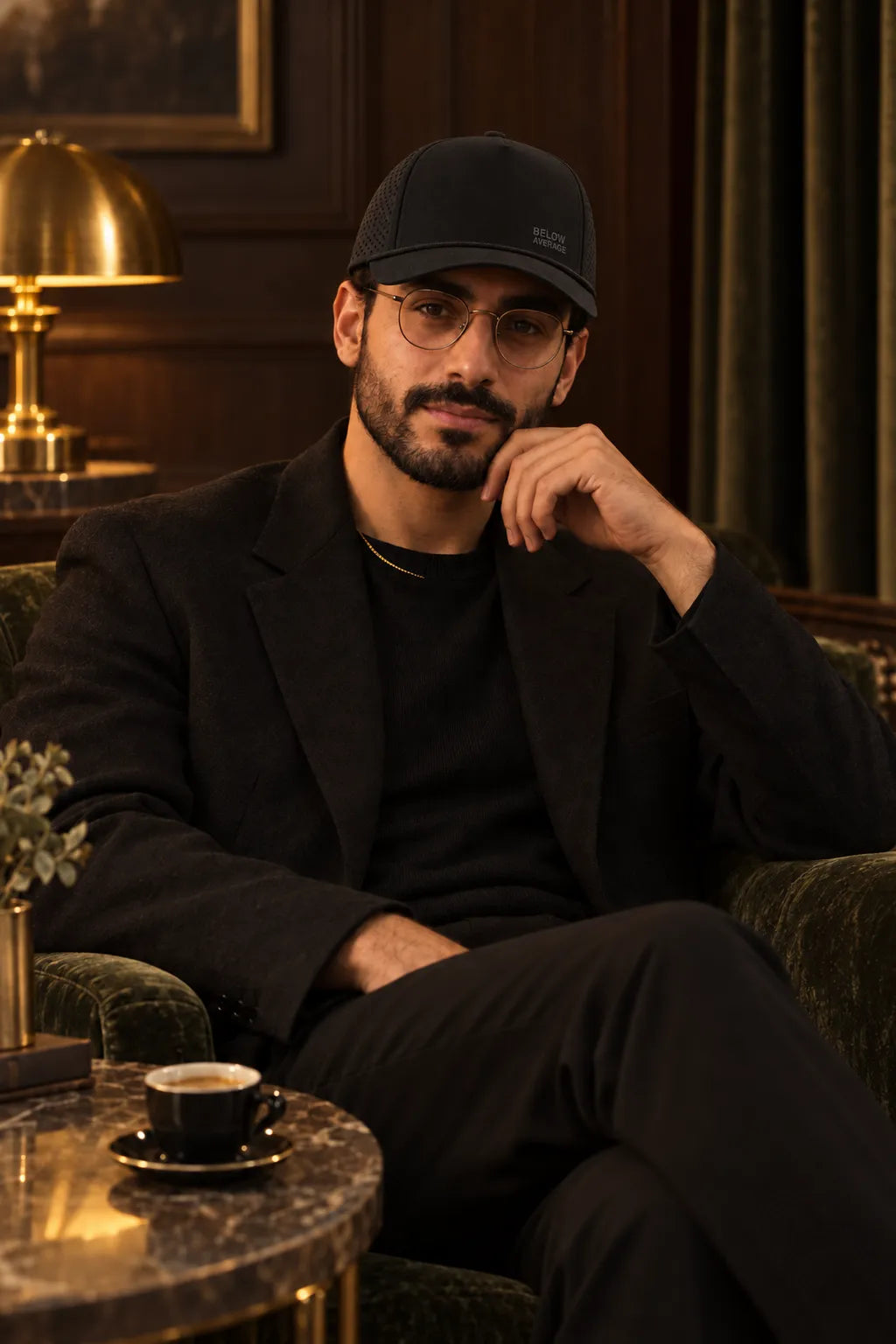 Man with glasses in a black blazer in a dark lounge with coffee, black cap with small embroidered text